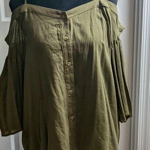 Nice button-down off shoulder blouse - never worn.  Olive/army green color.